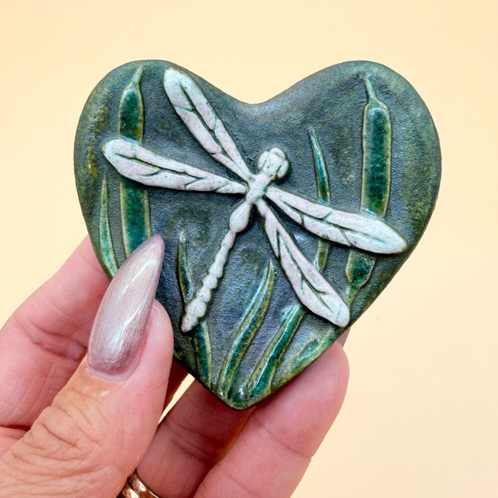 Jeremy Diller Raku Pottery Dragonfly Heart Signed Iridescent Art Paperweight